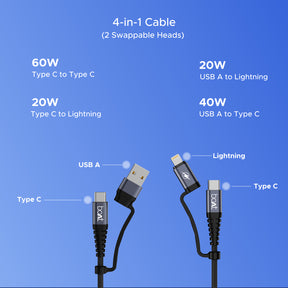 boAt Flexicharge 400 | 4-in-1 Charging Cable with 2 Swappable Heads, 480 Mbps Data Sync, USB-A, Type-C, & Lightning, 1.5m Cable