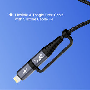 boAt Flexicharge 400 | 4-in-1 Charging Cable with 2 Swappable Heads, 480 Mbps Data Sync, USB-A, Type-C, & Lightning, 1.5m Cable