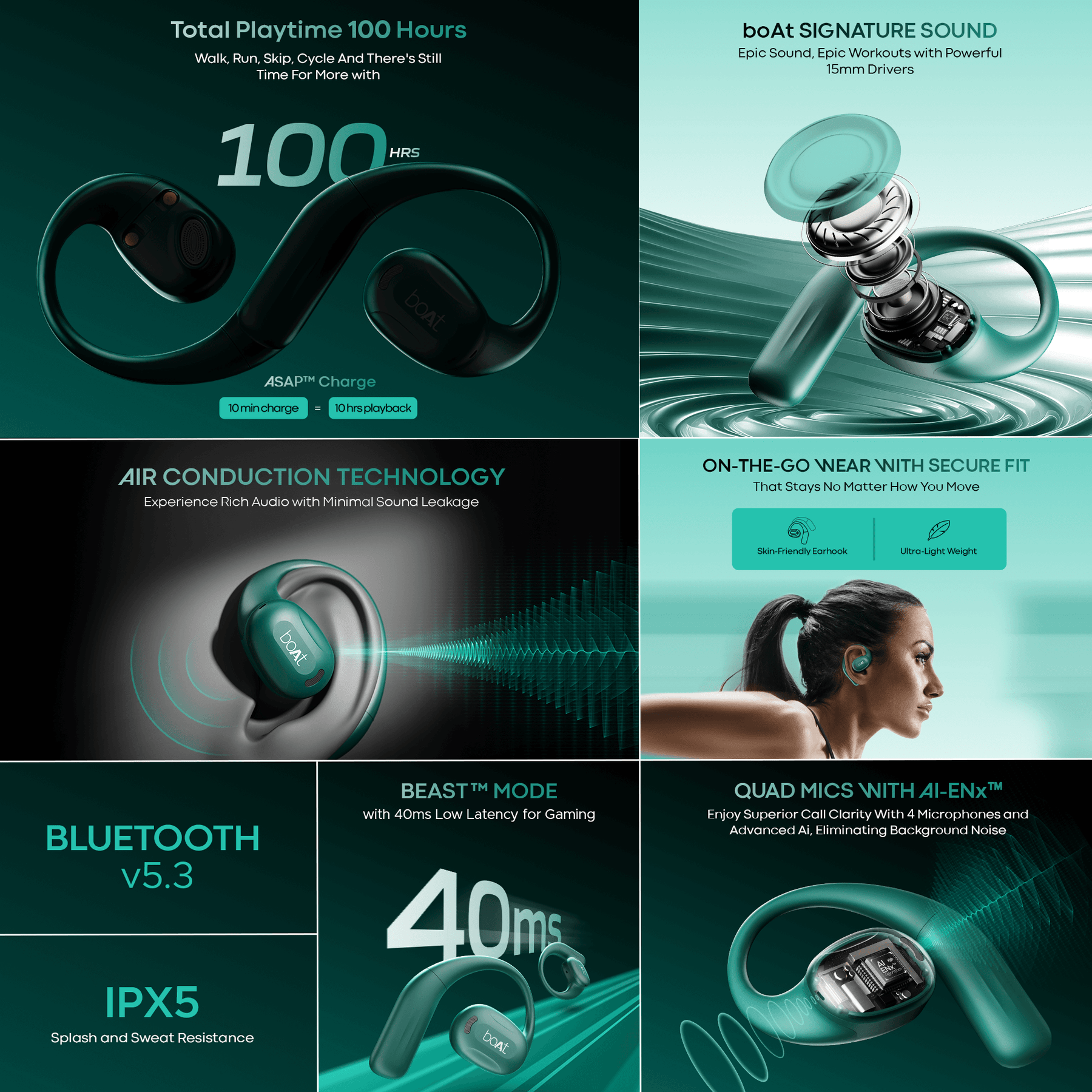 boAt Airdopes ProGear | Wireless Earbuds with 100 Hours Playback, Quad Mics with ENx™ Tech, Air Conduction Tech (Perfect for Outdoor Sports)