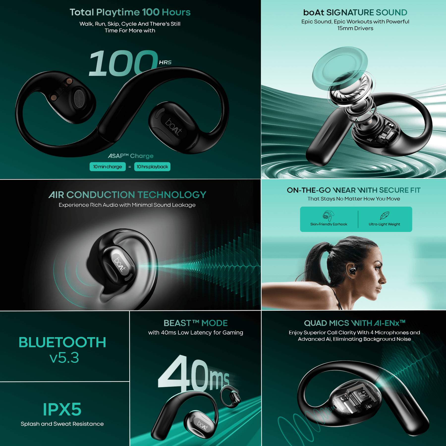 boAt Airdopes ProGear | Wireless Earbuds with 100 Hours Playback, Quad Mics with ENx™ Tech, Air Conduction Tech