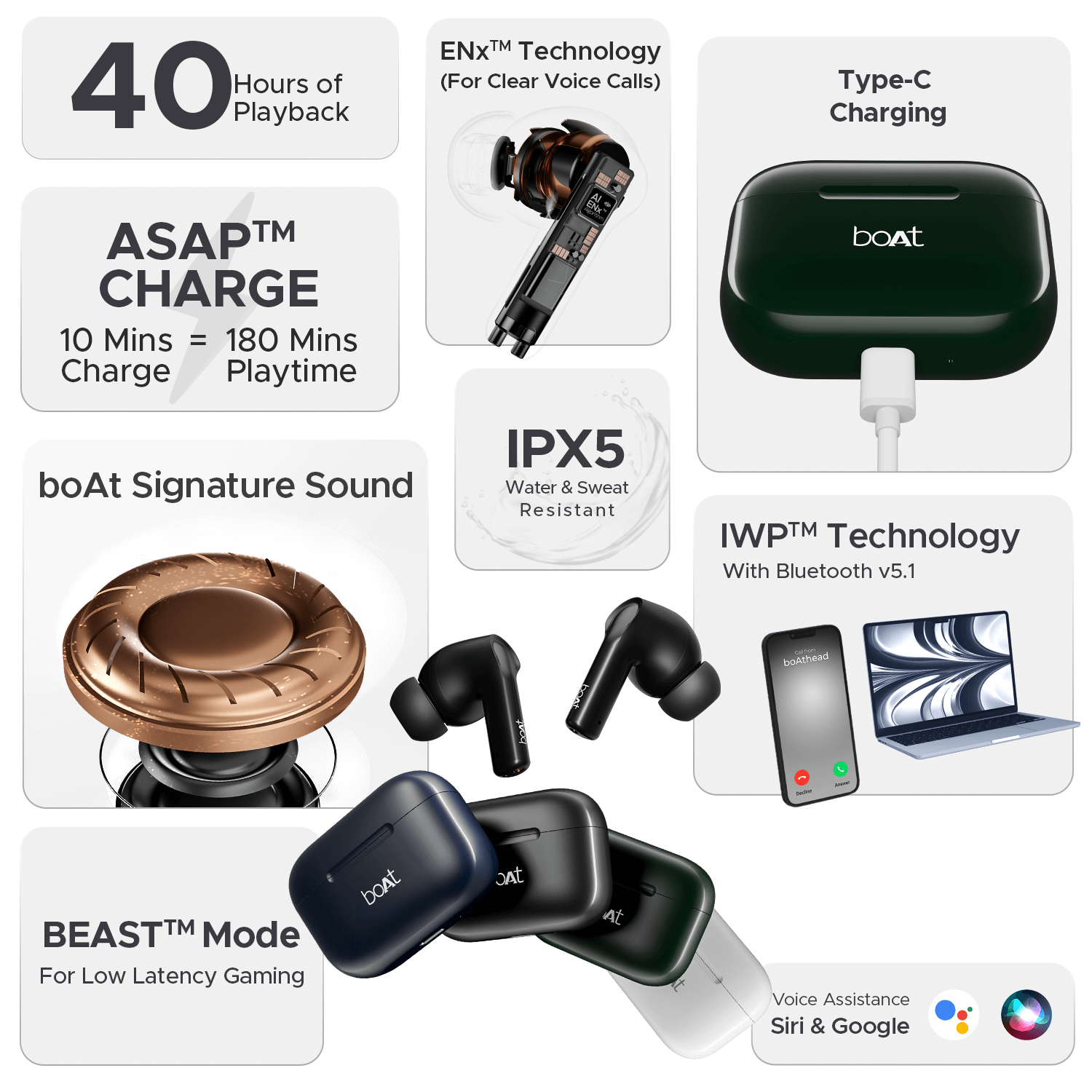 boAt Airdopes 161 | TWS Earbuds with Massive Playback of upto 40 Hours, IPX5 Water & Sweat Resistance, IWP Technology, Type C Interface